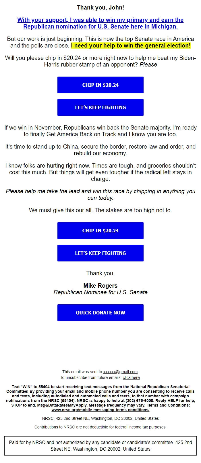 Screenshot of the email generated on import