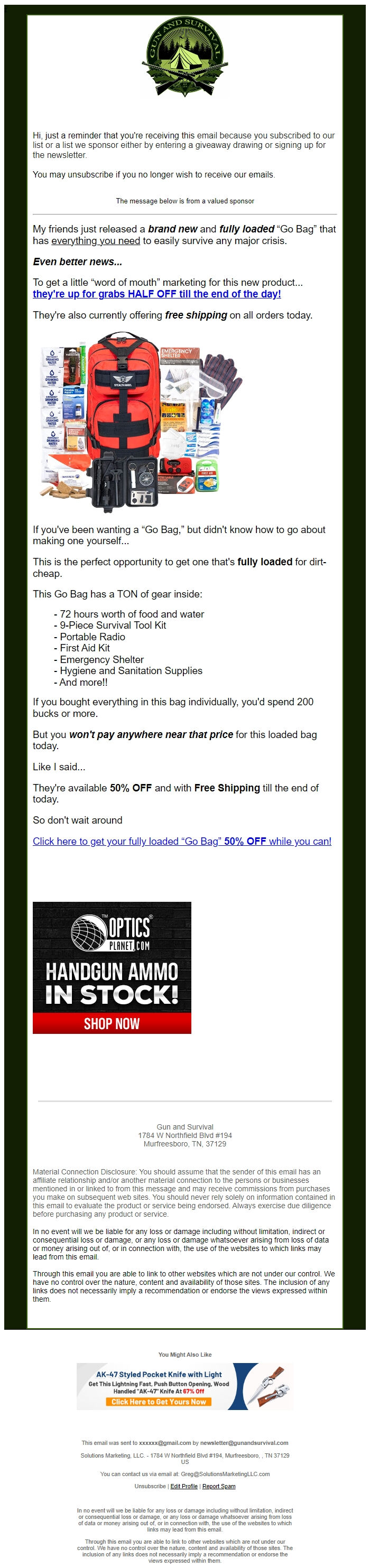 Screenshot of the email generated on import