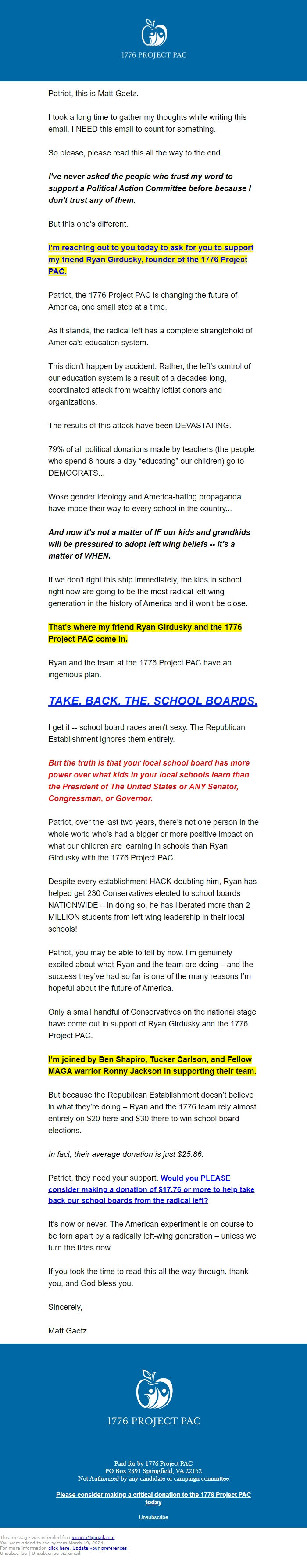 Screenshot of the email generated on import