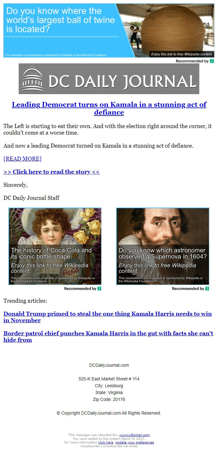 Screenshot of the email generated on import