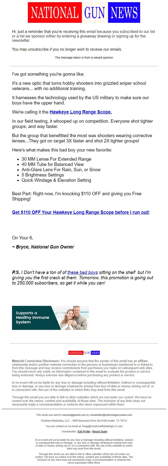 Screenshot of the email generated on import