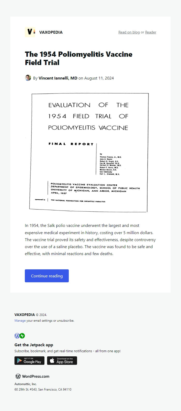 Screenshot of the email generated on import