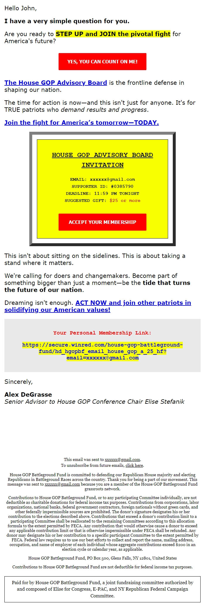 Screenshot of the email generated on import