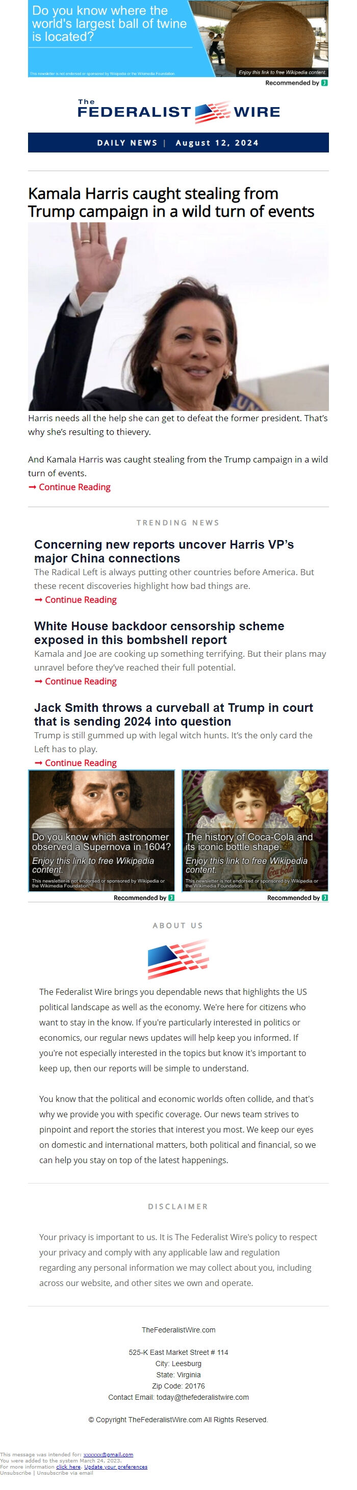 Screenshot of the email generated on import