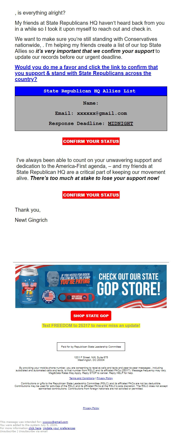 Screenshot of the email generated on import