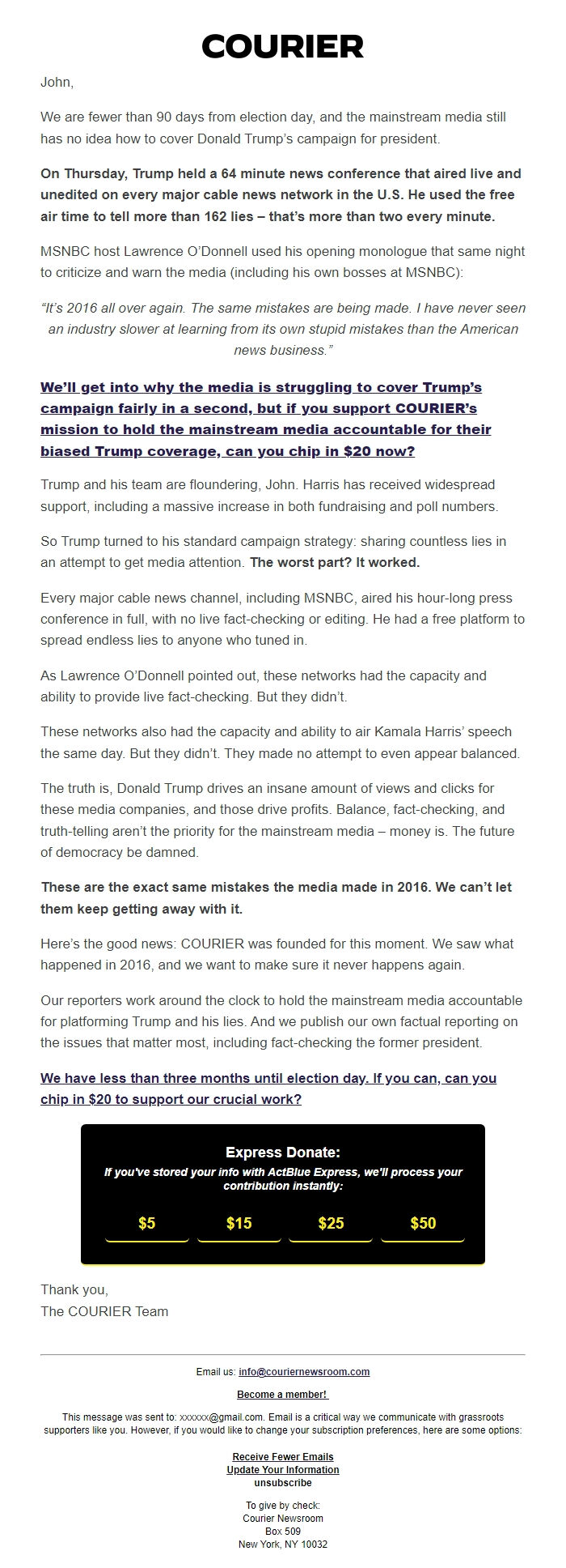 Screenshot of the email generated on import