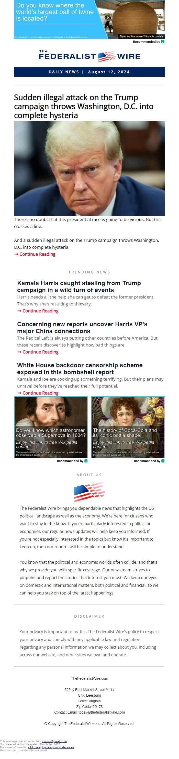 Screenshot of the email generated on import