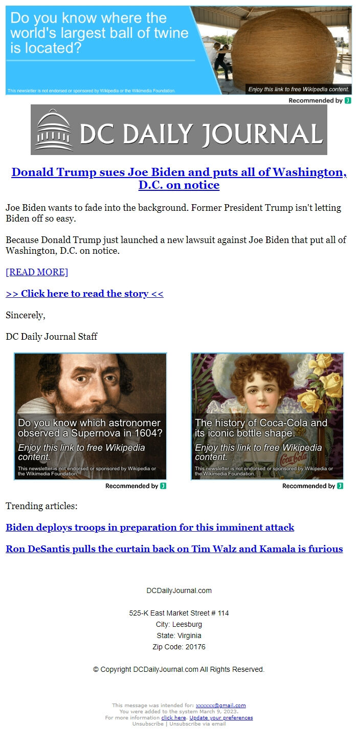 Screenshot of the email generated on import