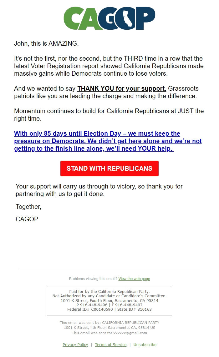 Screenshot of the email generated on import