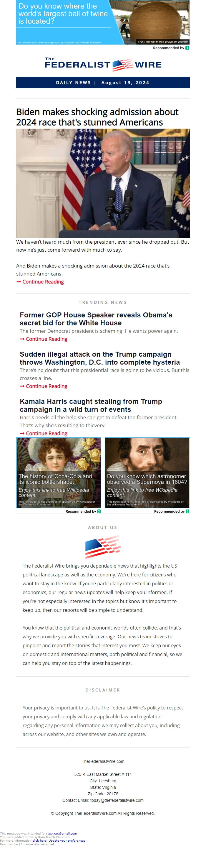 Screenshot of the email generated on import