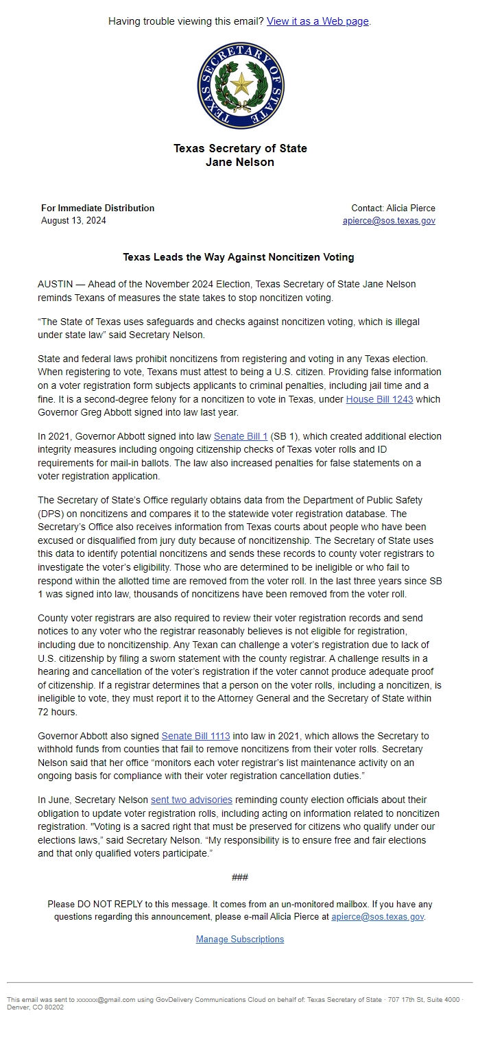 Screenshot of the email generated on import