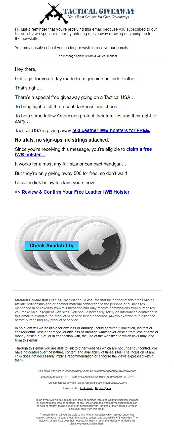 Screenshot of the email generated on import