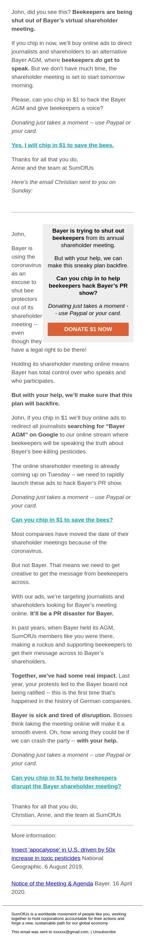 Screenshot of the email generated on import