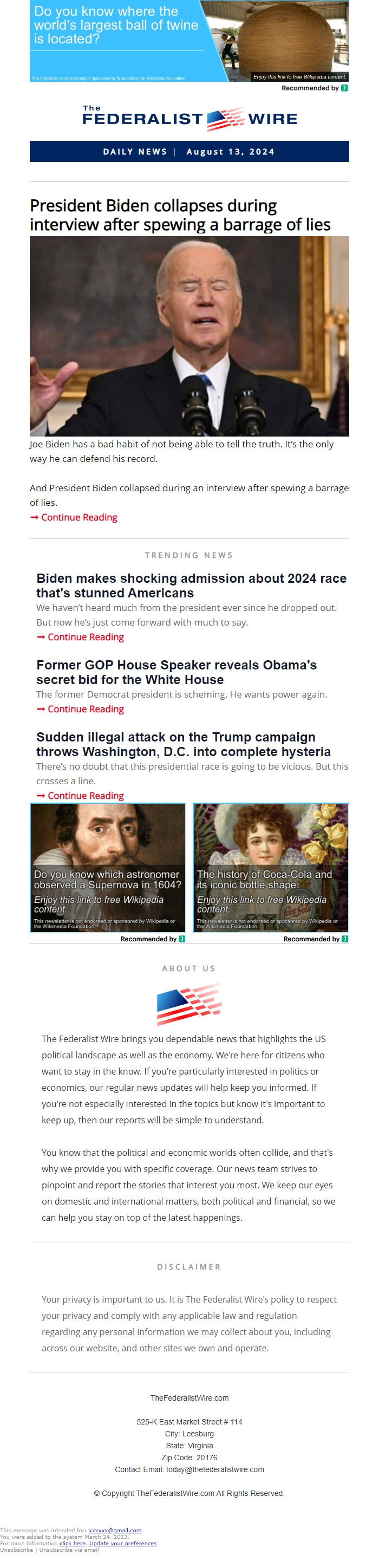 Screenshot of the email generated on import