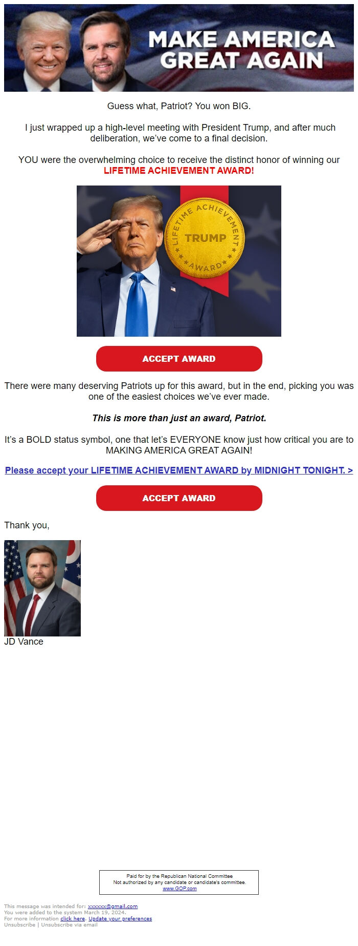 Screenshot of the email generated on import