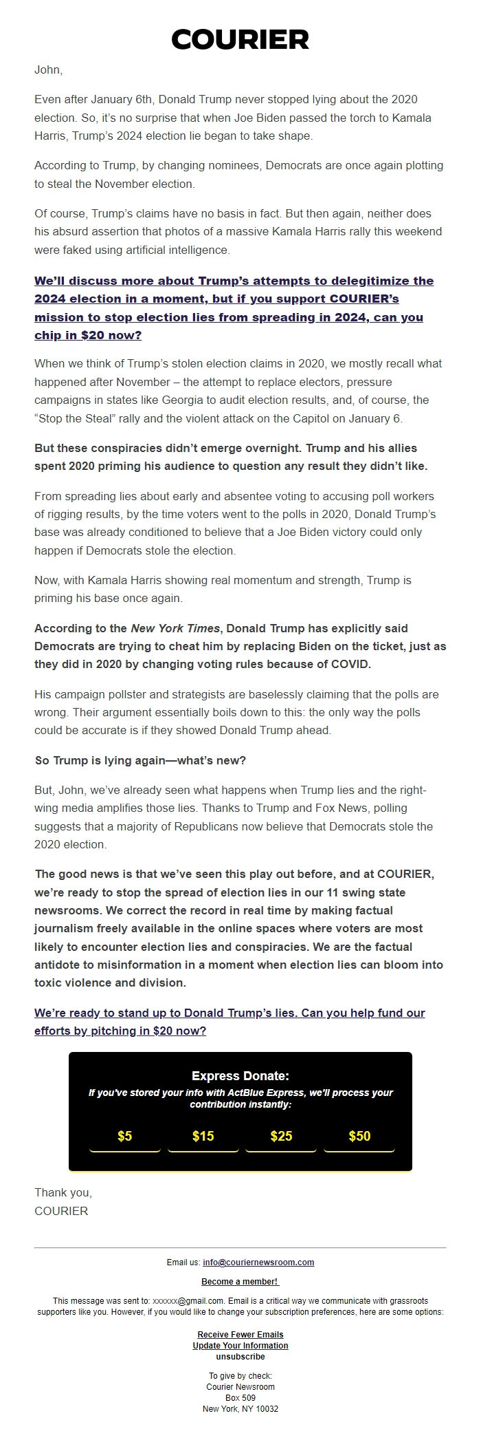 Screenshot of the email generated on import