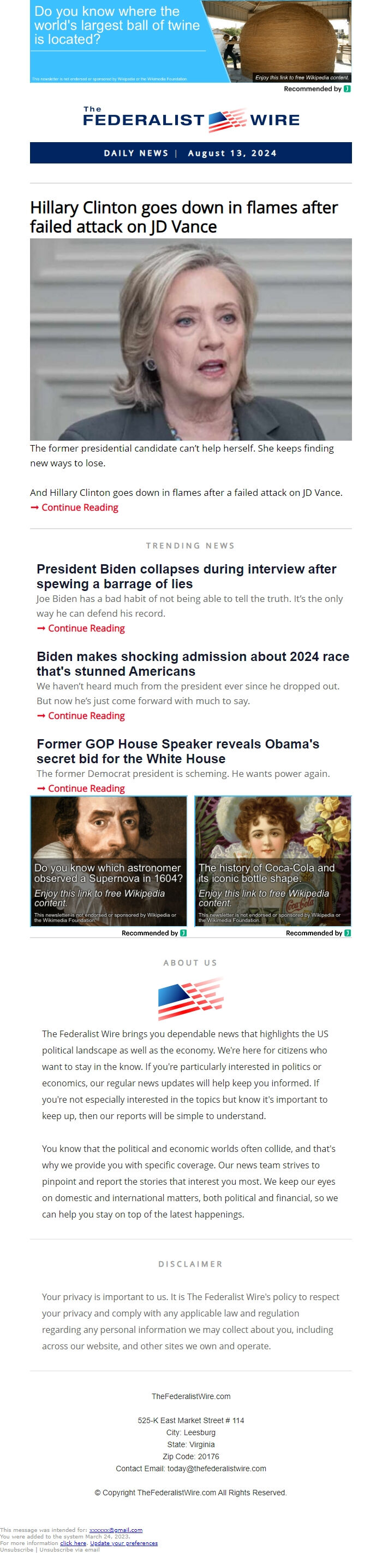 Screenshot of the email generated on import