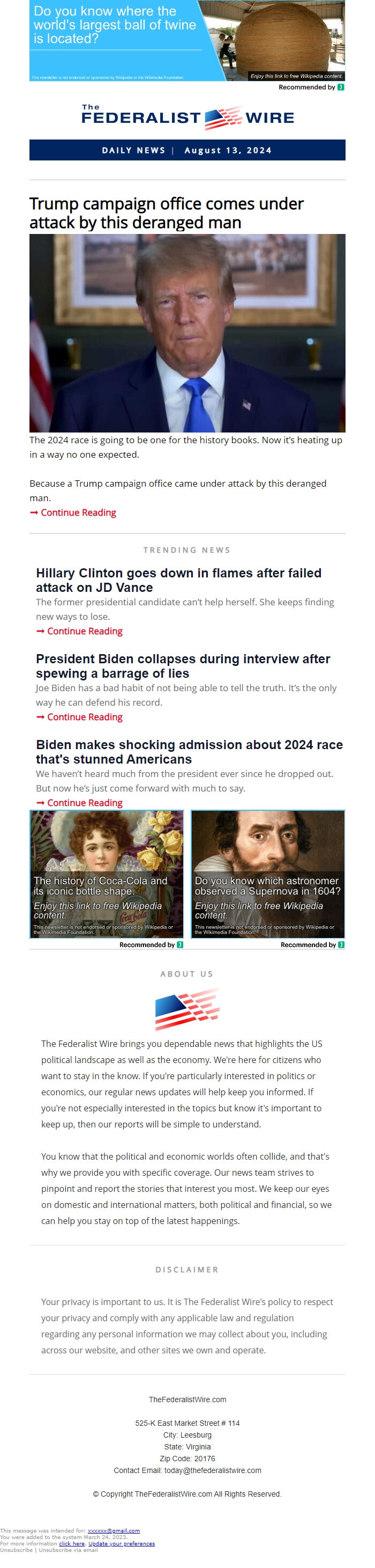 Screenshot of the email generated on import