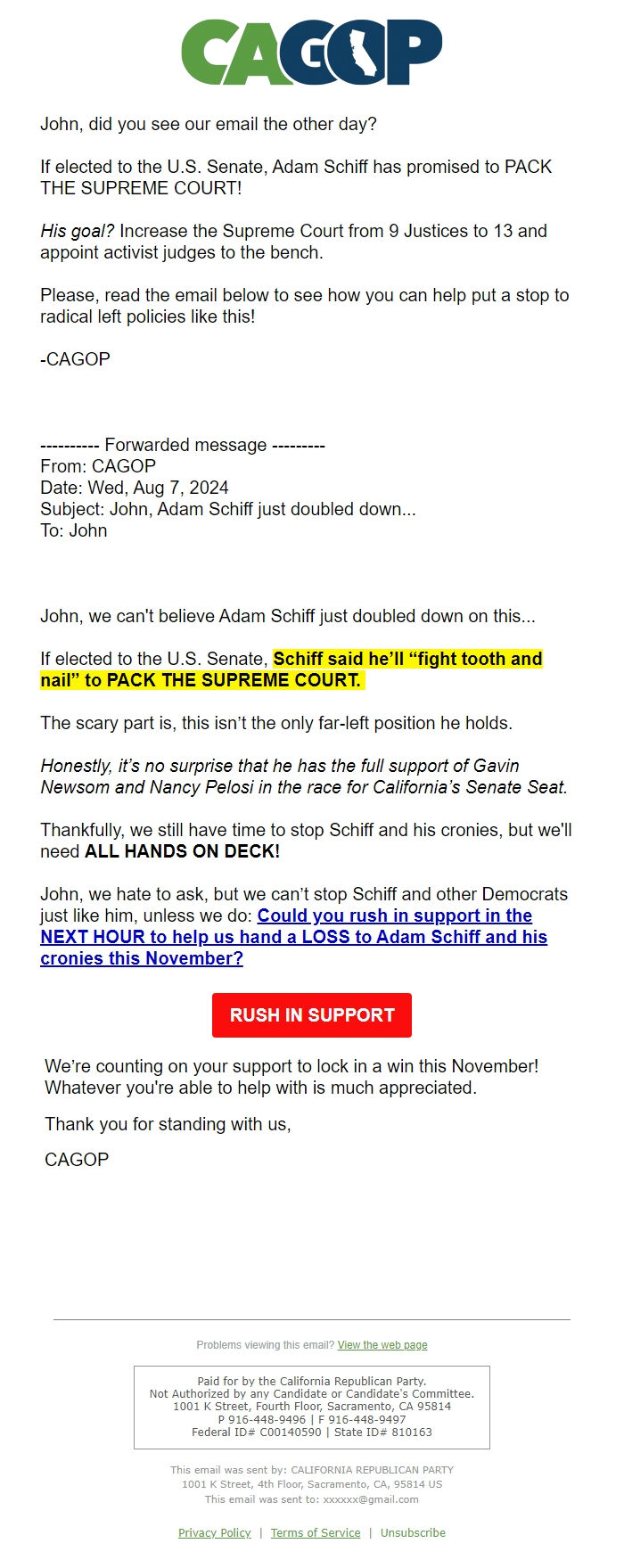 Screenshot of the email generated on import