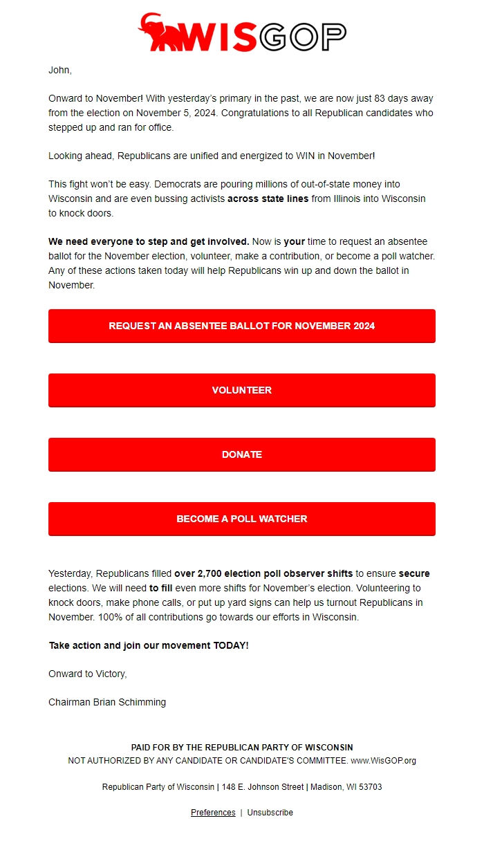 Screenshot of the email generated on import