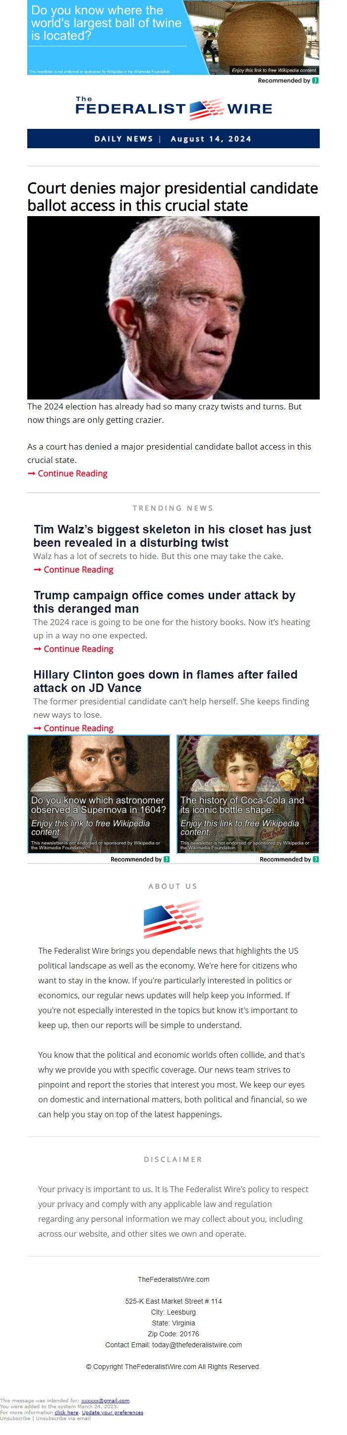 Screenshot of the email generated on import