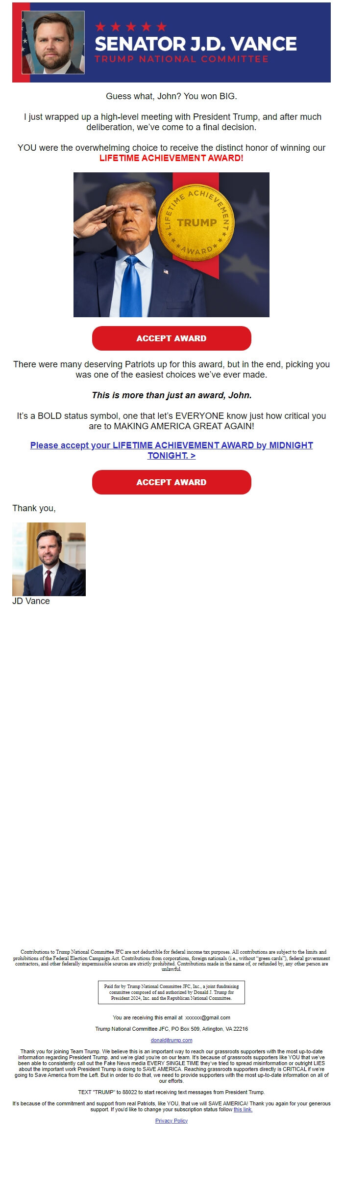 Screenshot of the email generated on import