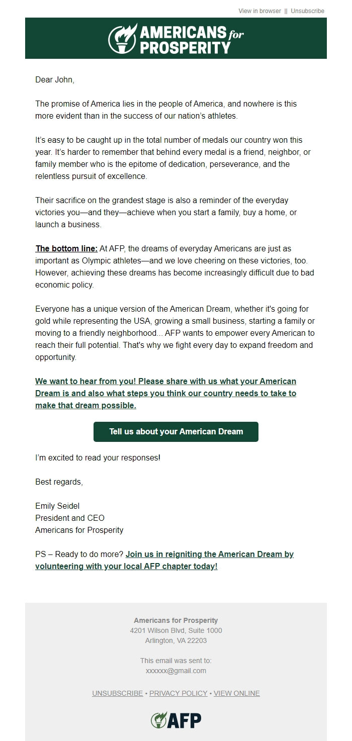 Screenshot of the email generated on import