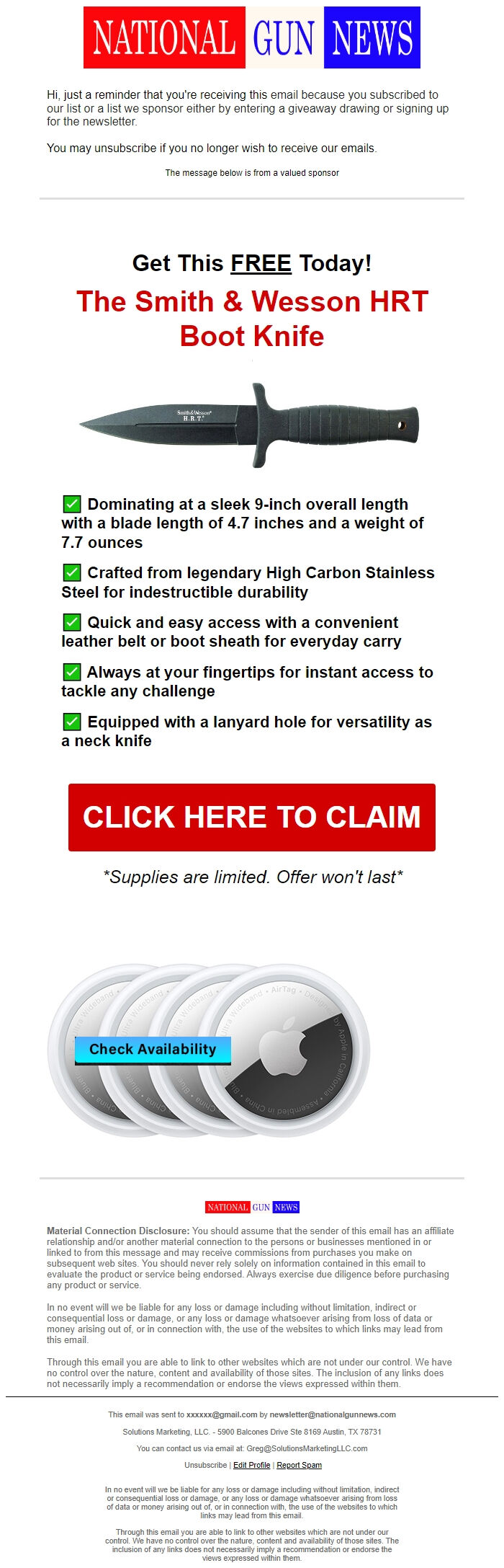 Screenshot of the email generated on import