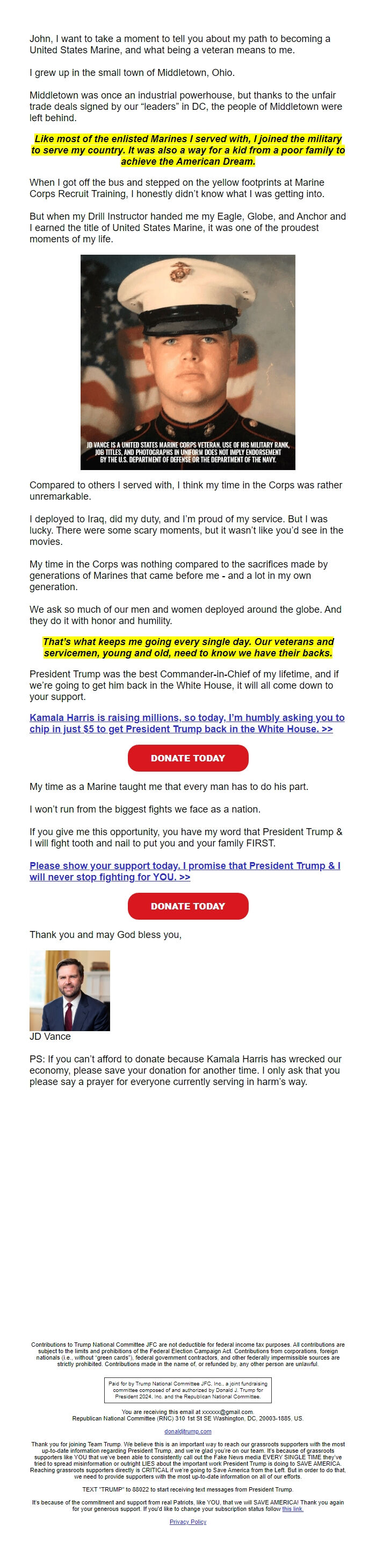 Screenshot of the email generated on import