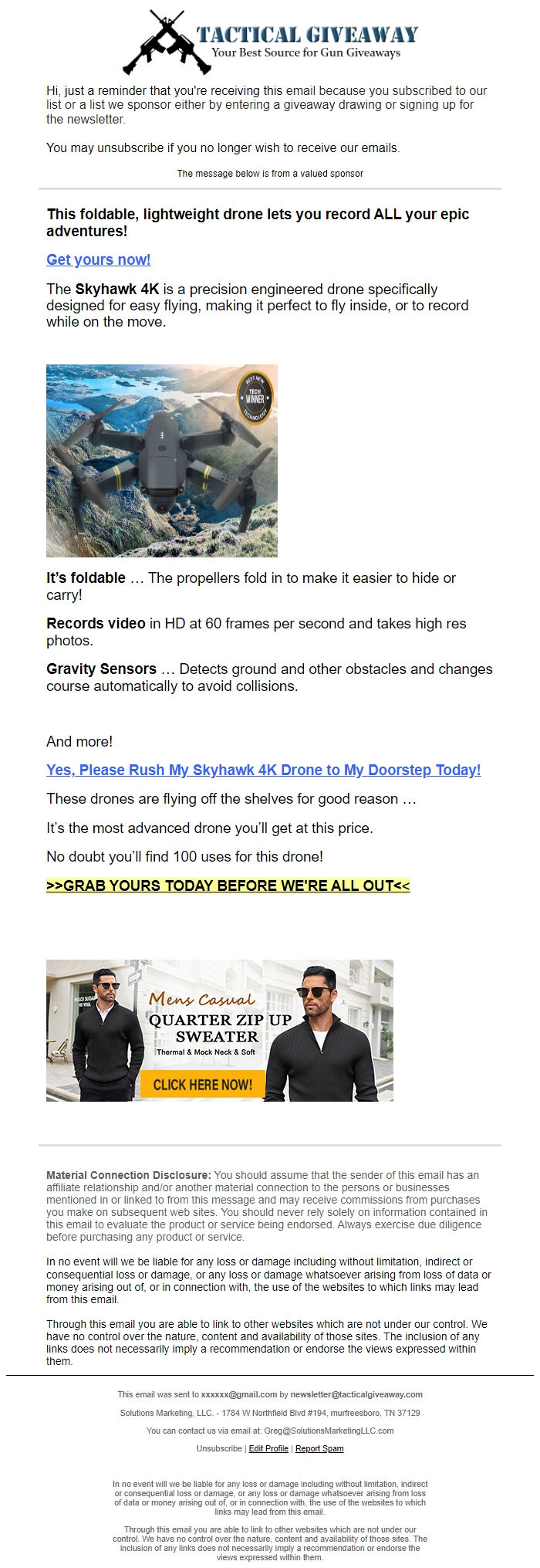Screenshot of the email generated on import