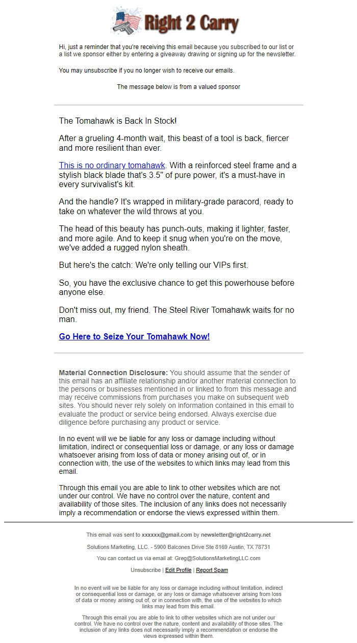 Screenshot of the email generated on import