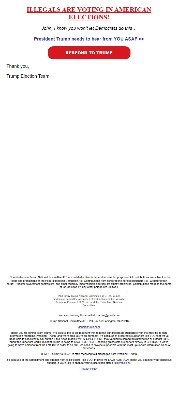 Screenshot of the email generated on import