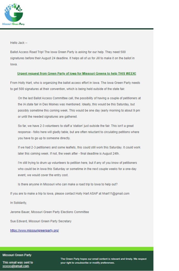 Screenshot of the email generated on import