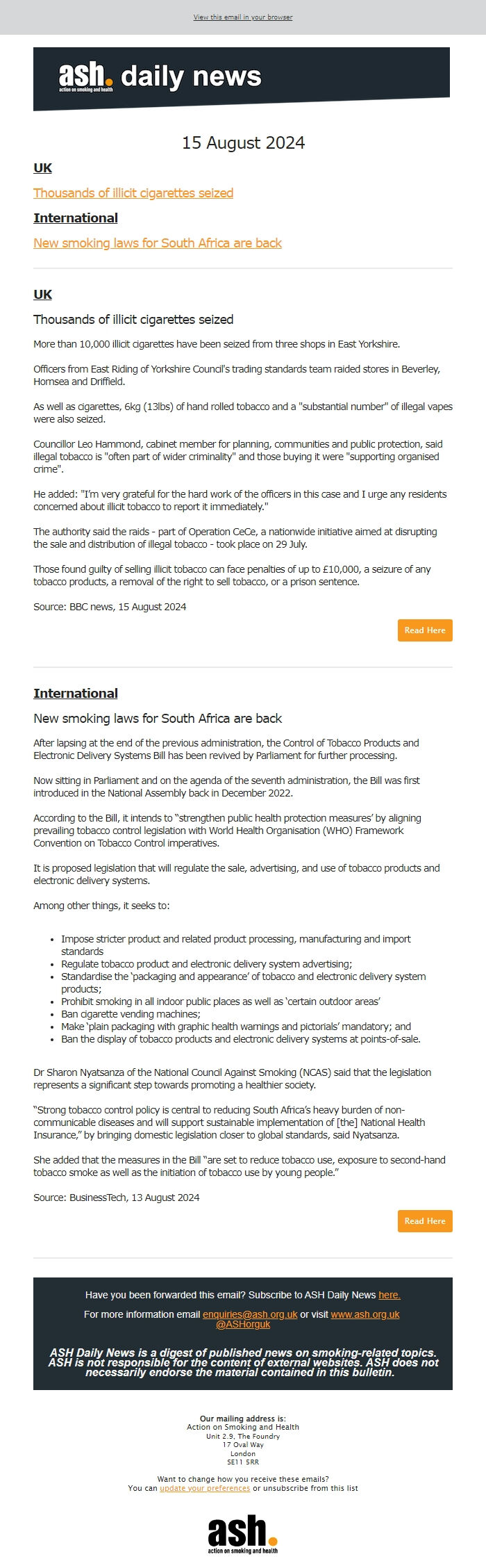 Screenshot of the email generated on import