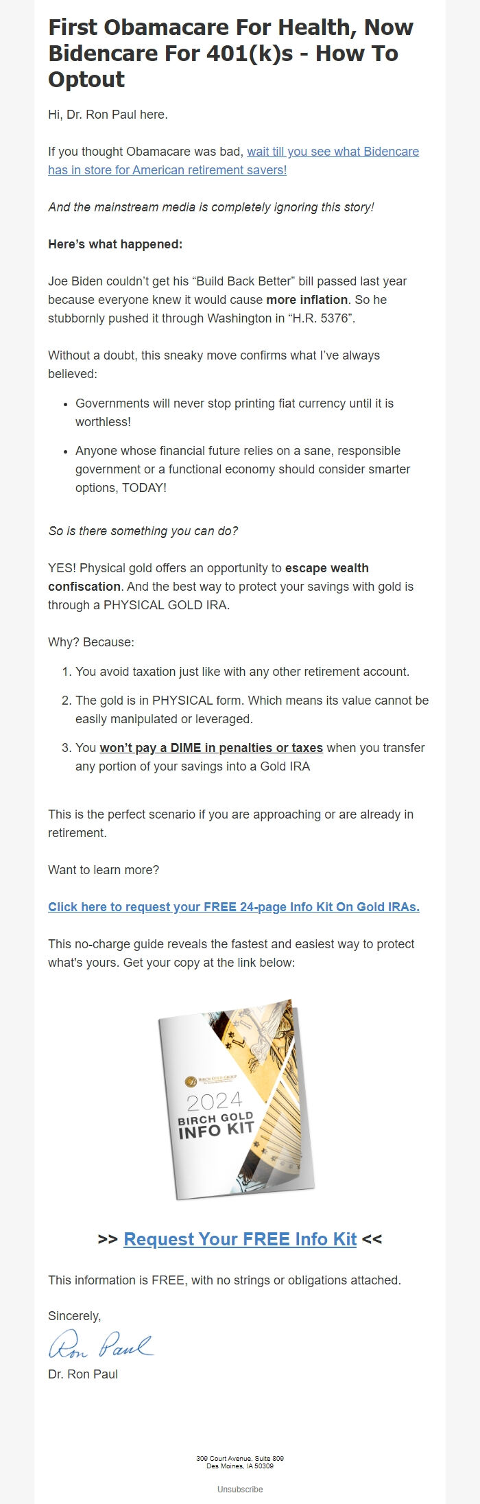 Screenshot of the email generated on import