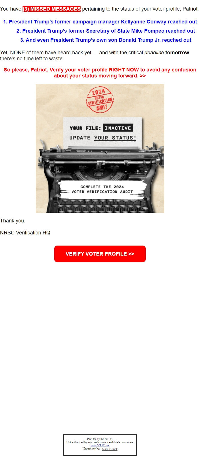 Screenshot of the email generated on import
