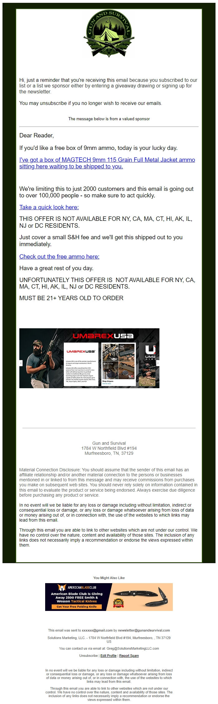 Screenshot of the email generated on import