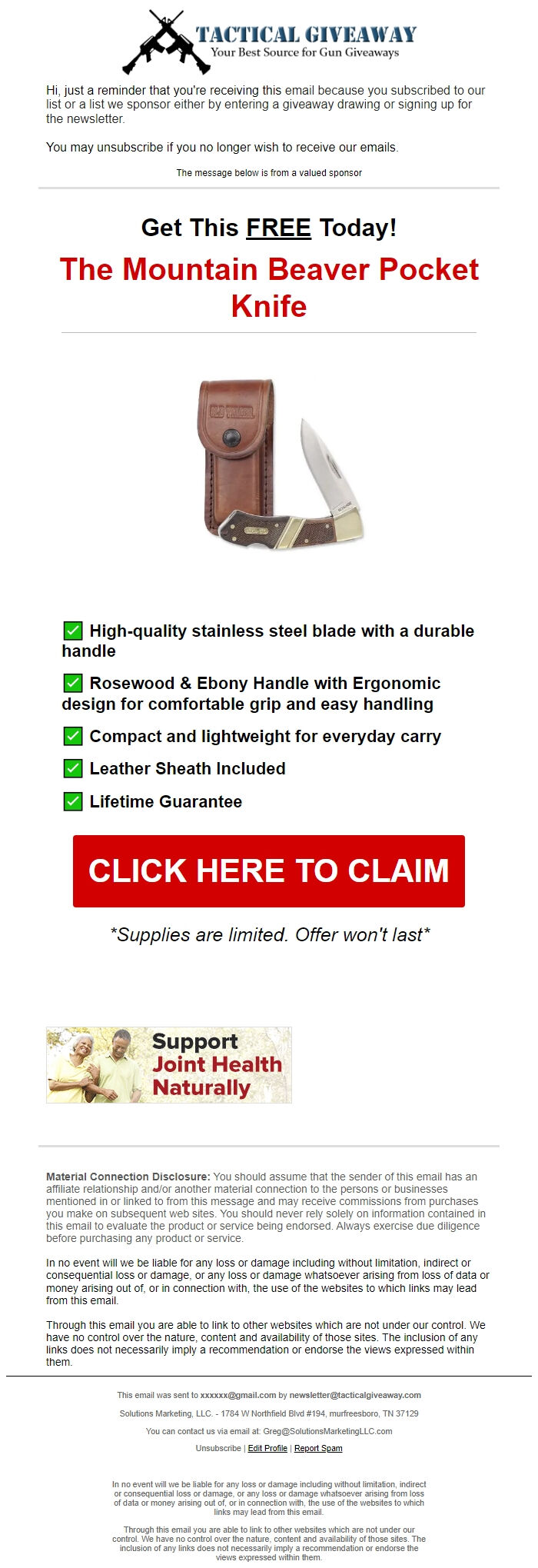 Screenshot of the email generated on import