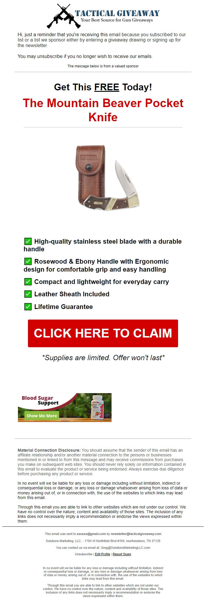 Screenshot of the email generated on import