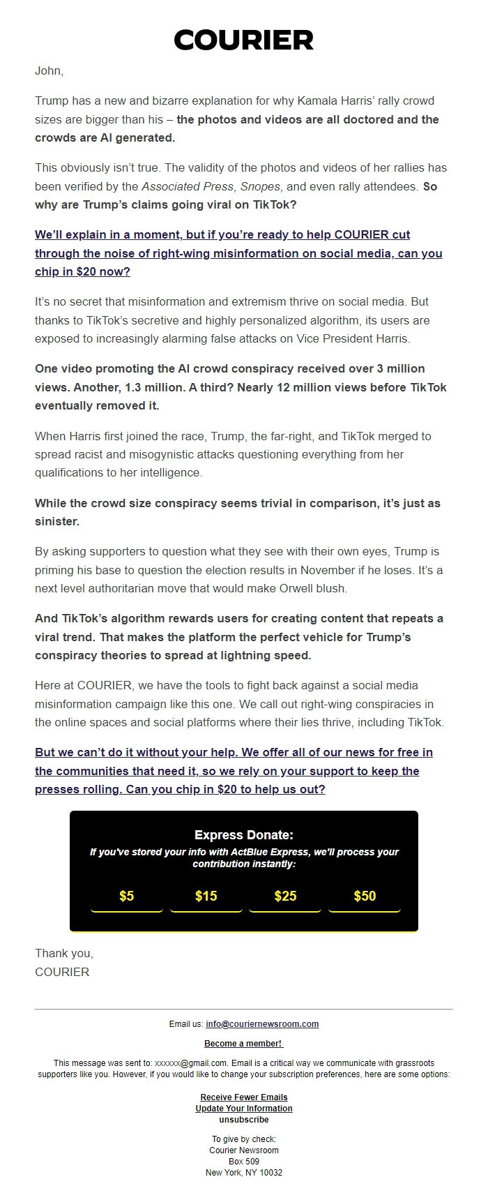 Screenshot of the email generated on import