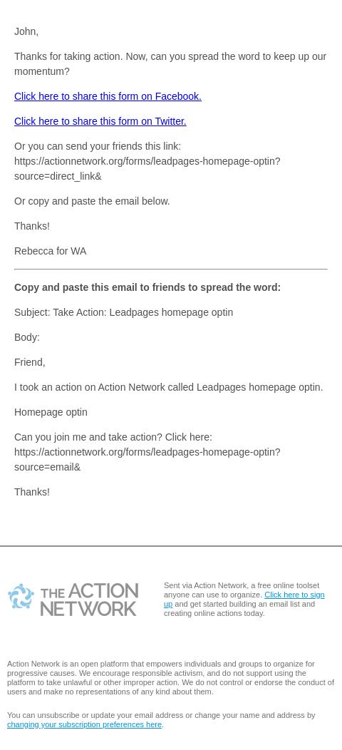 Screenshot of the email generated on import