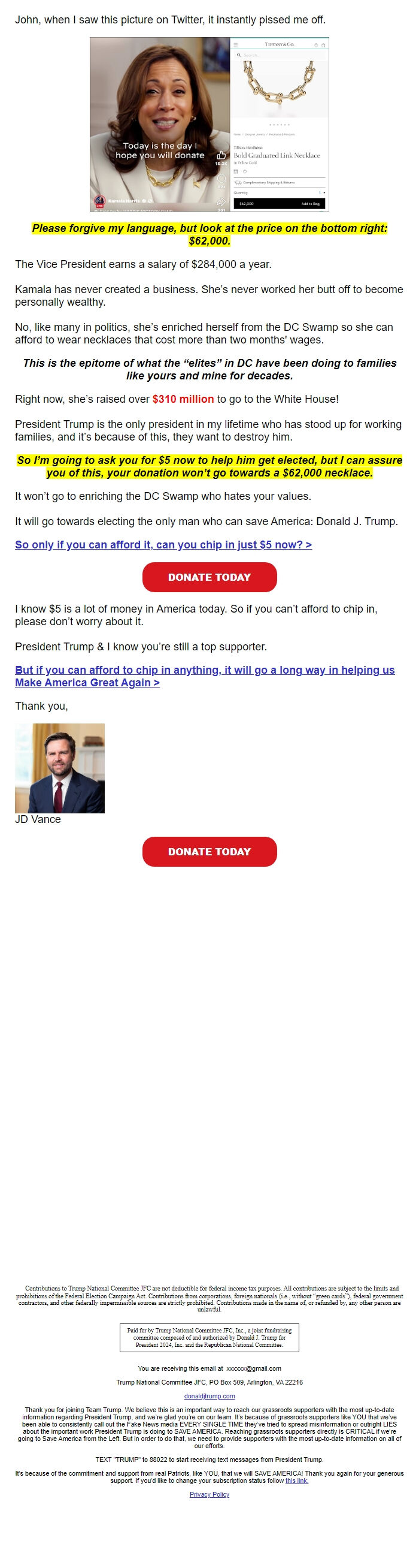 Screenshot of the email generated on import