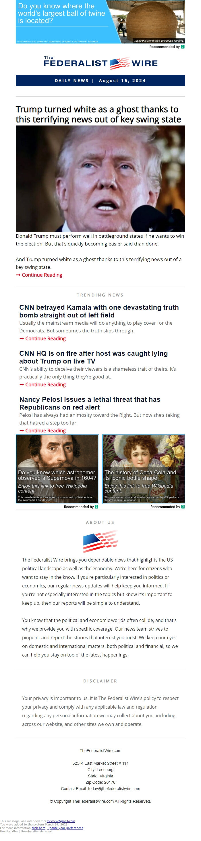 Screenshot of the email generated on import