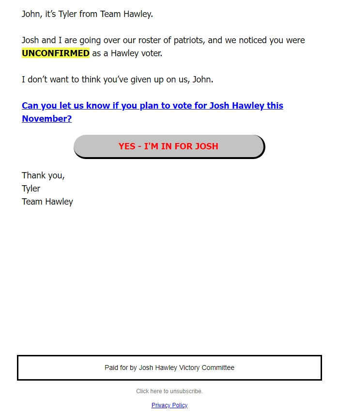 Screenshot of the email generated on import