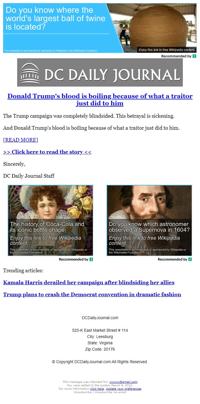 Screenshot of the email generated on import