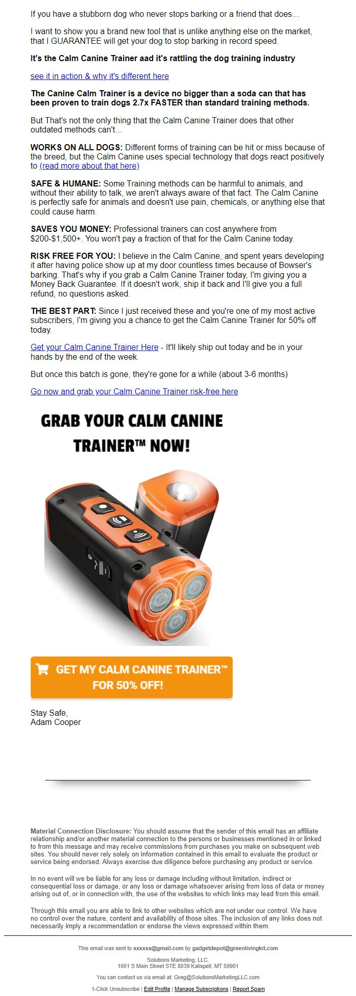 Screenshot of the email generated on import