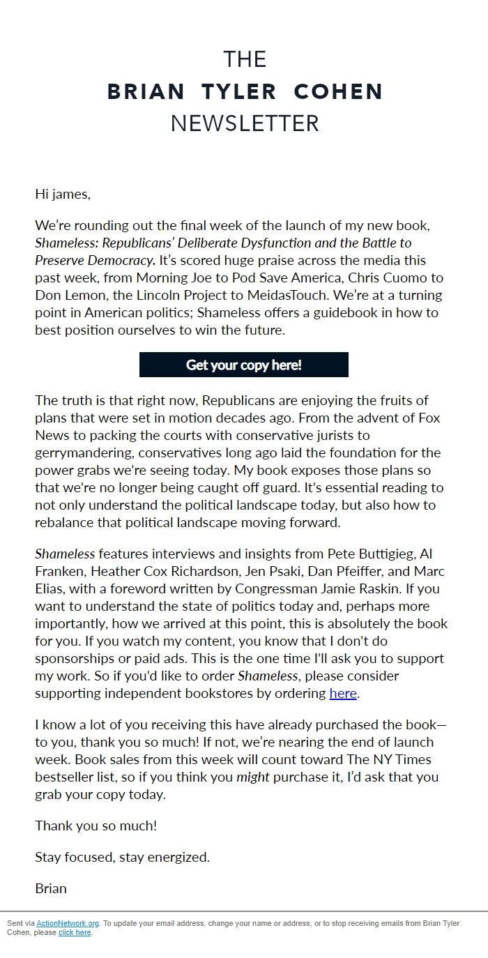 Screenshot of the email generated on import