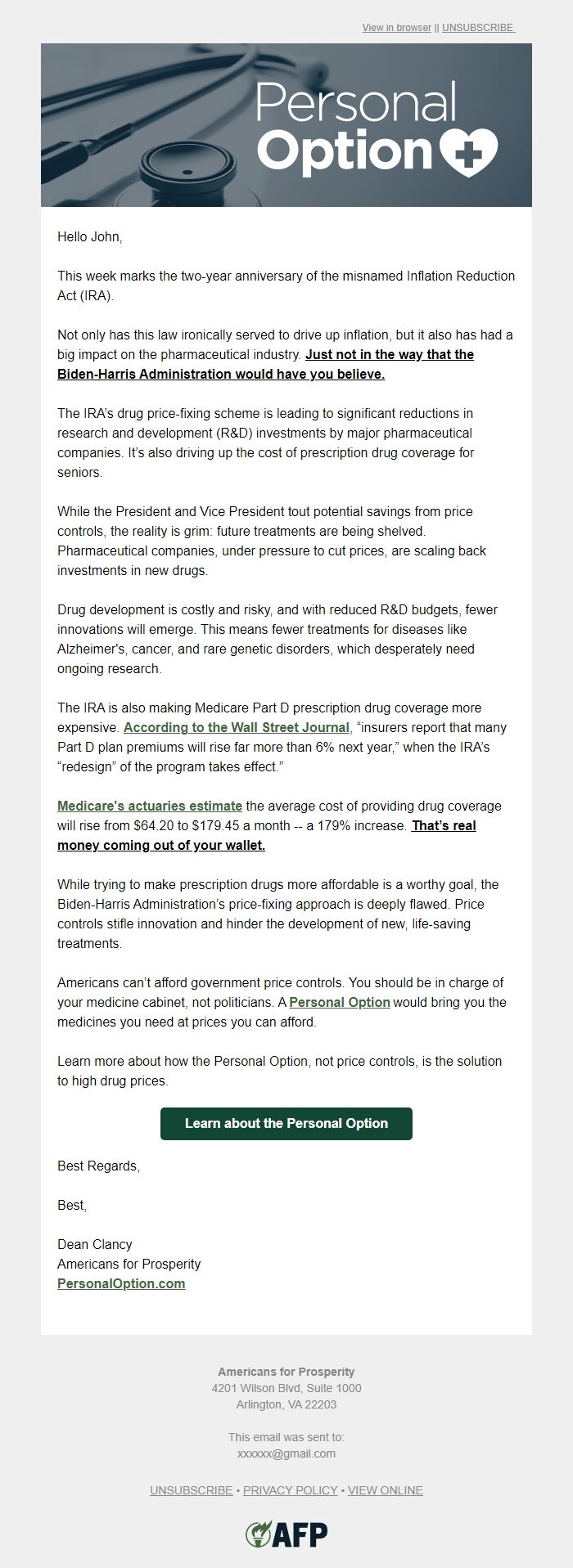 Screenshot of the email generated on import