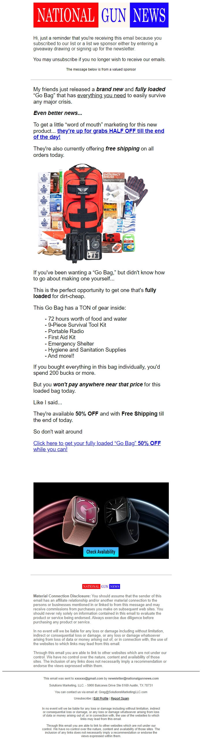 Screenshot of the email generated on import