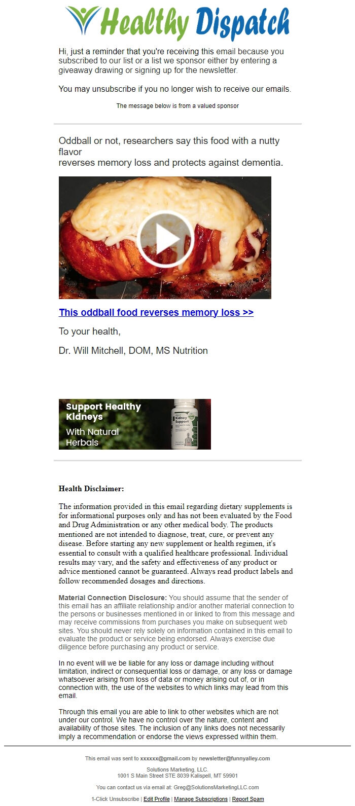 Screenshot of the email generated on import